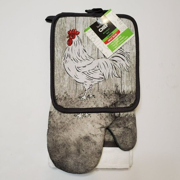 Rooster decor Kitchen Set, 5-pc, Towels Potholders Mitt, French Country Chicken - Picture 1 of 5